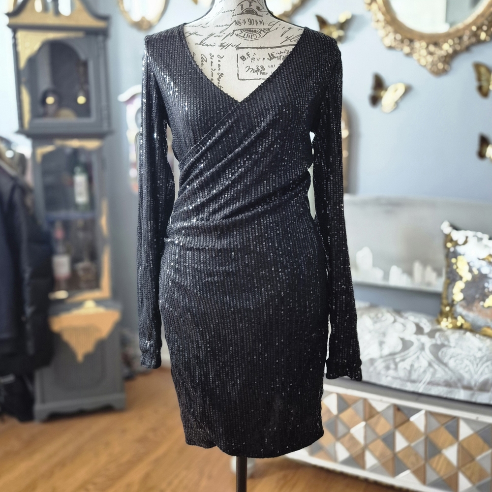 Vintage 80s Whimsigoth Goth Sexy Black Sequin Dress Medium